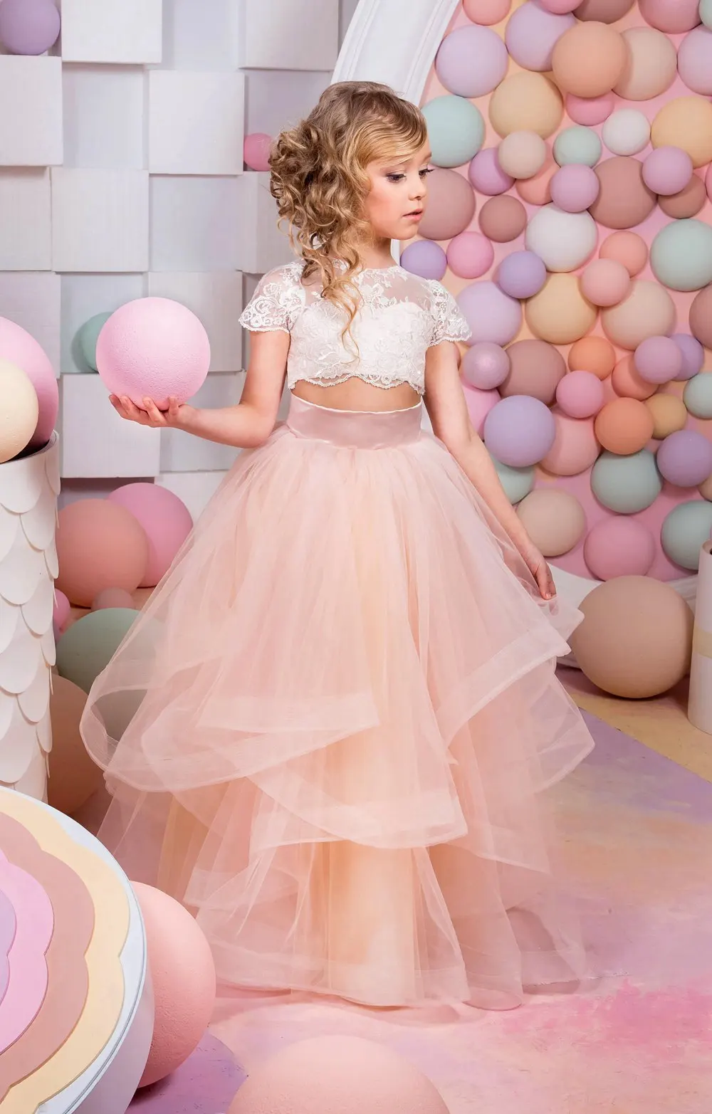 Vestido de desfile rosa de dos piezas para niñas, fiesta de cumpleaños, Año Nuevo con encaje para edad de 2, 3, 4, 5, 6, 7, 8, 9 y 10 años