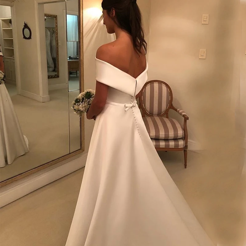 Customized Simple A Line Wedding Dresses Satin Off The Shoulder Wedding Bridal Gowns Casual Dresses Zipper With Buttons Back