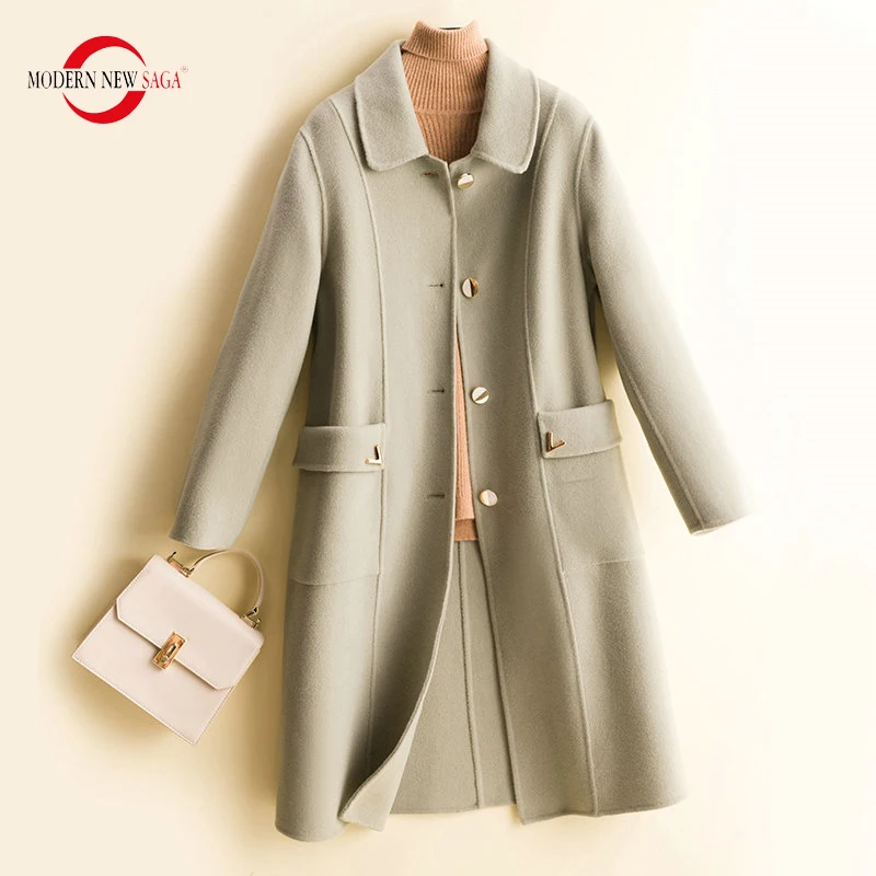 

MODERN NEW SAGA 100% Merino Wool Women Coat Autumn Wool Long Coat Pea Coat Winter Coat Woolen Long Jackets Parka Women Overcoat