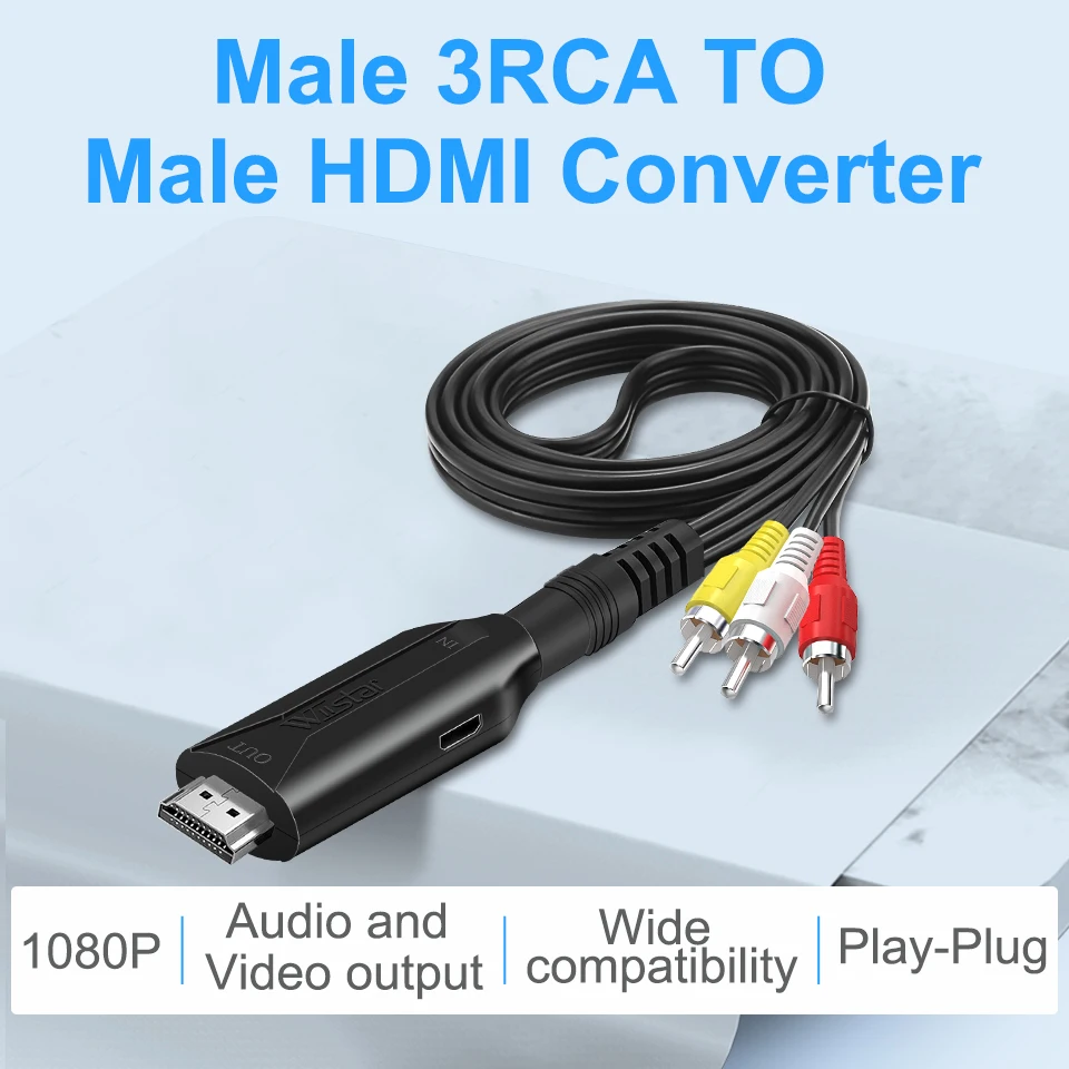 Adaptor AV 1080P RCA AV ke HDMI, konverter adaptor komposit kompatibel dengan adaptor AV2HDMI untuk proyektor TV PS3 PS4 PC DVD Xbox dengan kabel MICR