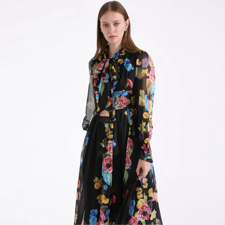 

black chiffon print red floral bowtie collar dress women robe 20 summer long casual beach sexy dresses plus size fairy slim fit