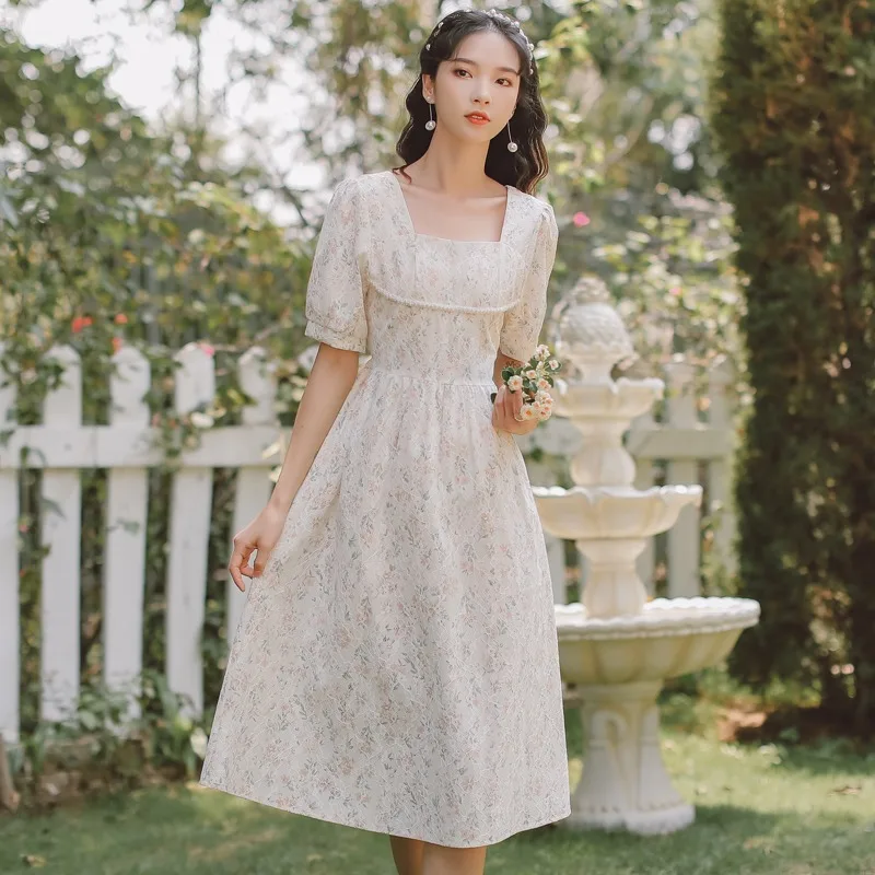 French Puff Sleeve Fairy Dress Women Vintage Sweet Party Floral Long Dress Female Summer Chiffon Korean Bandage Dresses 2021 New