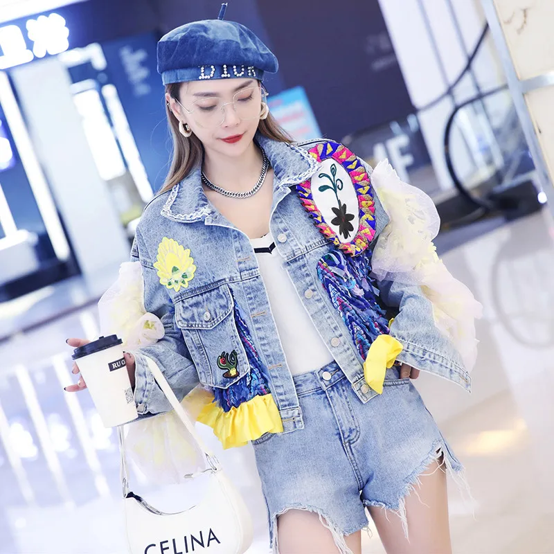 

Women Streetwear Patch Denim Bomber Jacket Female Personality Short Diamonds Jacket Tassel Jean Coat Jaqueta Feminina 2024 New