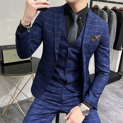 (Jackets +Pants+Vest) Luxury Men Groom Wedding Tuxedo Fashion Plaid Business Suits High Quality Casual Business Suit Three-piece