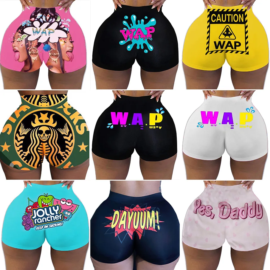 Short de motard taille haute pour femme, vêtements d'été sexy, bonbons, collation, graphique Wap, butin, vente en gros, trucs bon marché