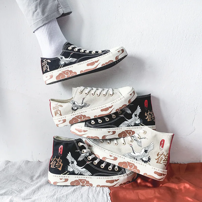 2021 High-Top Canvas Shoes Women\'s Shoes Chinese Style Retro Chic Sneakers Girls Gumshoes Floral Crane Female Leisure Shoe 35-40