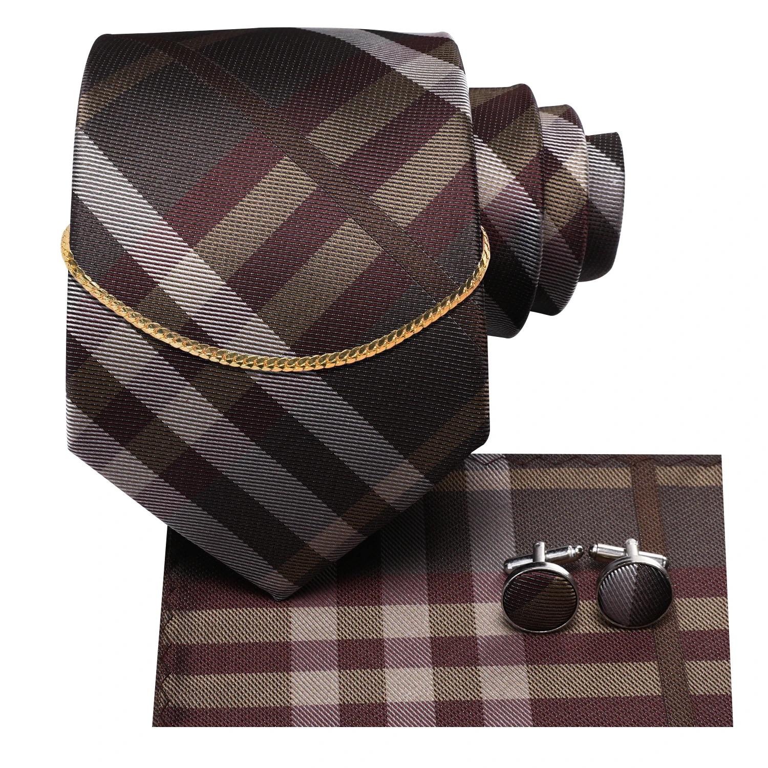 Hi-Tie Brown Plaid Business Mens Tie Silk Luxury Nickties Fashion Tie Chain Hanky Cufflinks Set Design Gift For Men Wedding