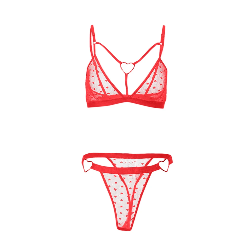 Lenceria Sensual Mujer Erotic Lingerie Lace Bra Panties Underwear Set For Women See Through Love Heart Hollow Out Fishnet Sets