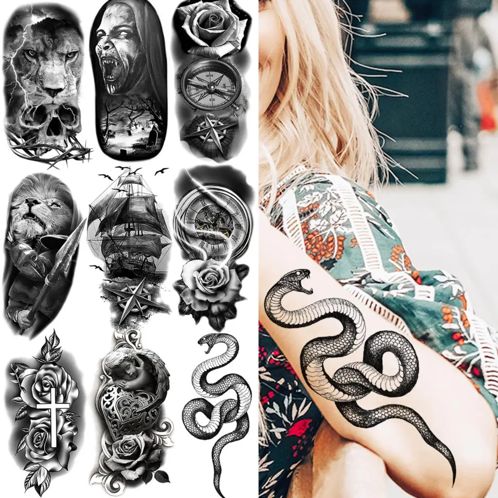 Black Snake Temporary Tattoos For Women Men Lion Vampire Compass Pirate Ship Fake Tattoo Sticker Sexy Arm Serpent Tatoos Legs