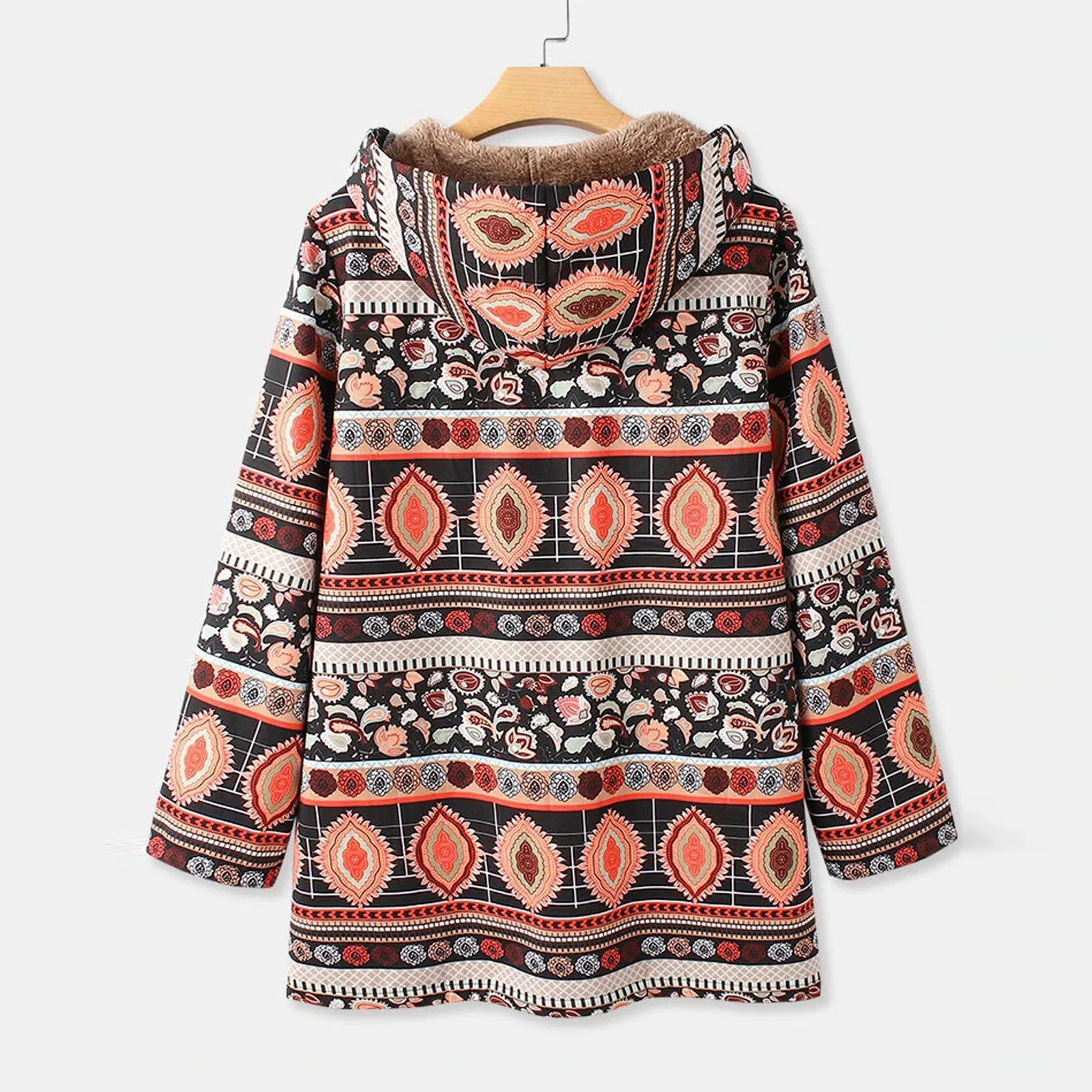 Women Autumn Winter Vintage Flowers Print Fleece Hooded Plus Size Long Sleeve Jacket Coat Fleece Shaggy Warm Cropped Jackets