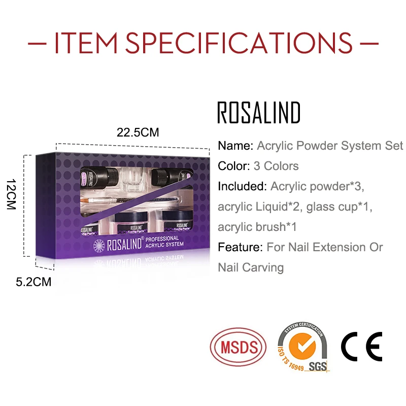 ROSALIND เล็บอะคริลิกชุดคริสตัลผงสำหรับเล็บ3D เล็บ Builder ชุดเล็บ UV LED อะคริลิค Alat Bedak ชุด