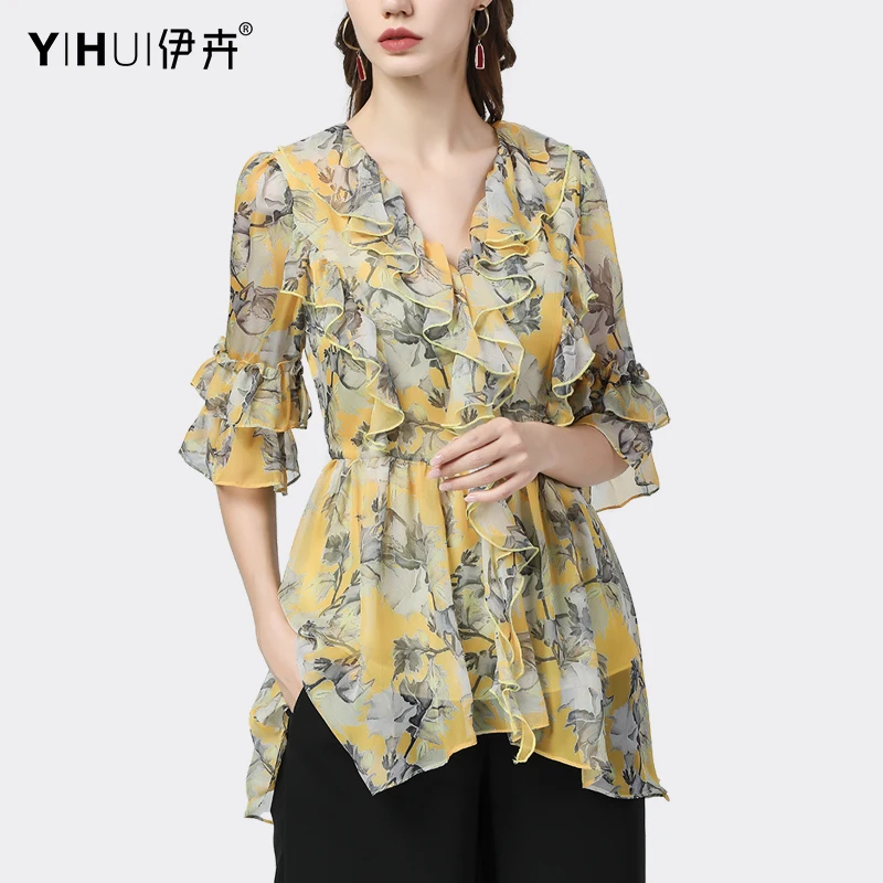 Fashion 3D Cascading Ruffles Chiffon Floral Printing Blouse Women Summer Mid-Length V-Neck Defined Waist Slmming Tops 2021 New