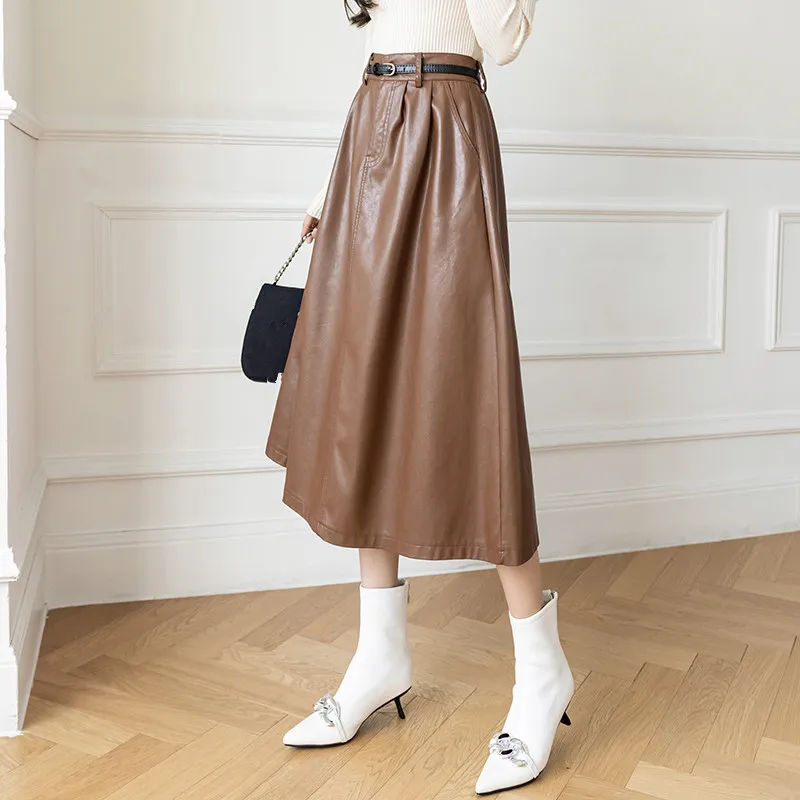 REALEFT Autumn Winter PU Faxu Leather Women Mi-long Umbrella Skirts with Belted 2021 New High Waist A-Line Skirt Pockets Female