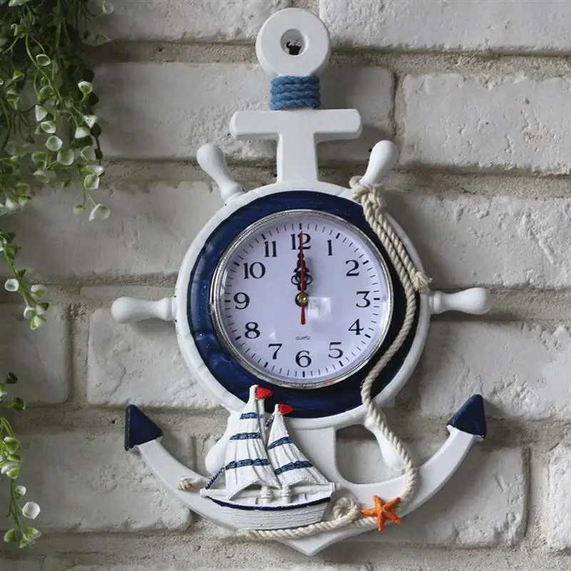 Anchor Clock Beach Sea Theme Nautical Ship Wheel Rudder Steering Wheel Decor Wall Hanging Decoration