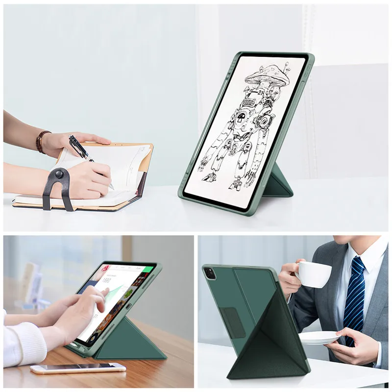 For iPad Pro 2021 Case 12.9 Multi-folding Stand TPU Back Smart Folio Cover for iPad Pro 12 9 Case 2021 2020 2018 with Pen Holder