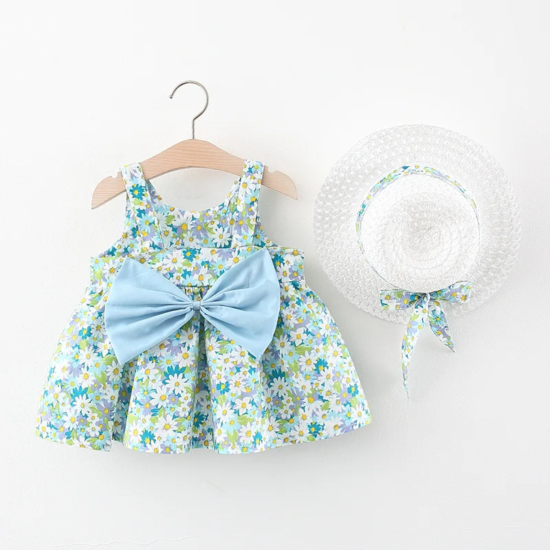 Summer Newborn Baby Girls Clothes Fashion Cute Flowers Big Bow Sleeveless Beach Princess Dress+Sunhat Toddler Dresses BC2074-1