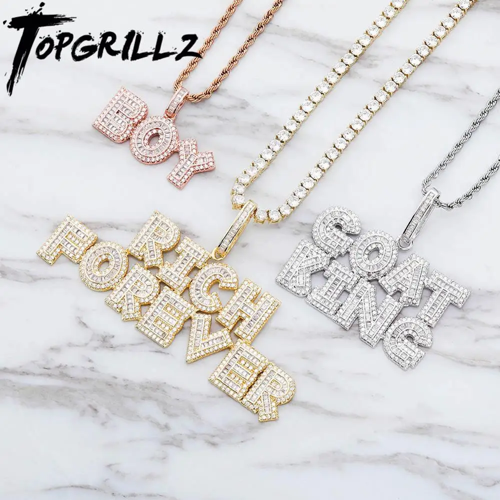 TOPGRILLZ Custom Name Iced Out Zirconia Letters Pendant Necklace Bling Cubic zirconia Pendant Hip Hop Fashion Jewelry For Gift