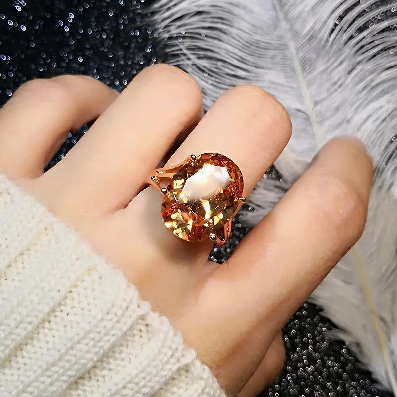 Three-dimensional design inlaid oversized oval citrine ring exaggerated luxury palace style ladies brand silver jewelry