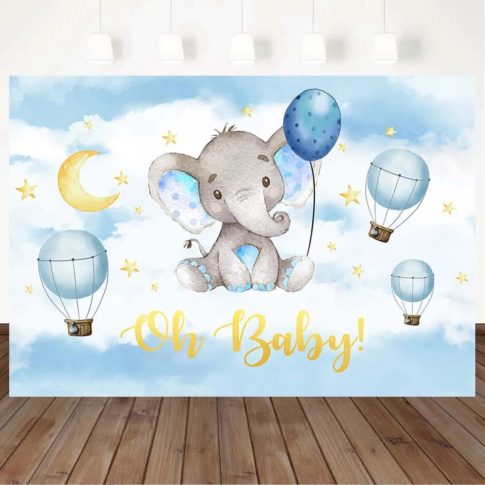 Mocsicka Oh Baby Neugeborenen Baby Dusche Hintergrund Elefanten Heißer Luft Ballon Gold Stern Foto Hintergrund Blauen Himmel Weißen Wolke Deco