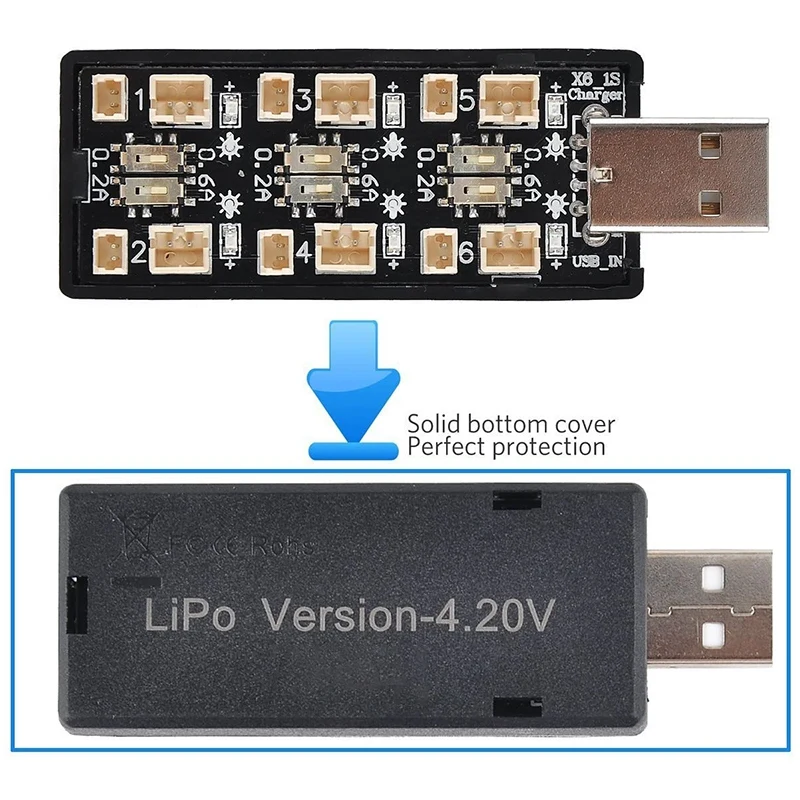 1S LiPo Battery USB Charger 3.7V/4.20V 6 Channel 1S LiPo Charger Micro- JST 1.25 JST-PH 2.0 MCX MCPX Connectors