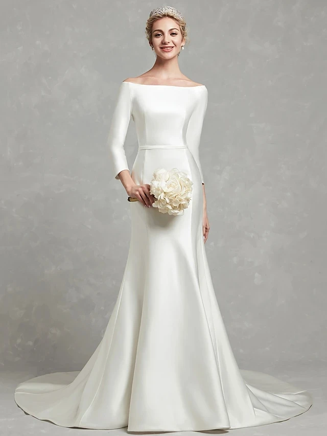 Robe de mariée sirène simple avec boutons, robe de mariée en satin, train court, patients romantiques, quelle que soit la robe de mariée, cou administrante, 2024