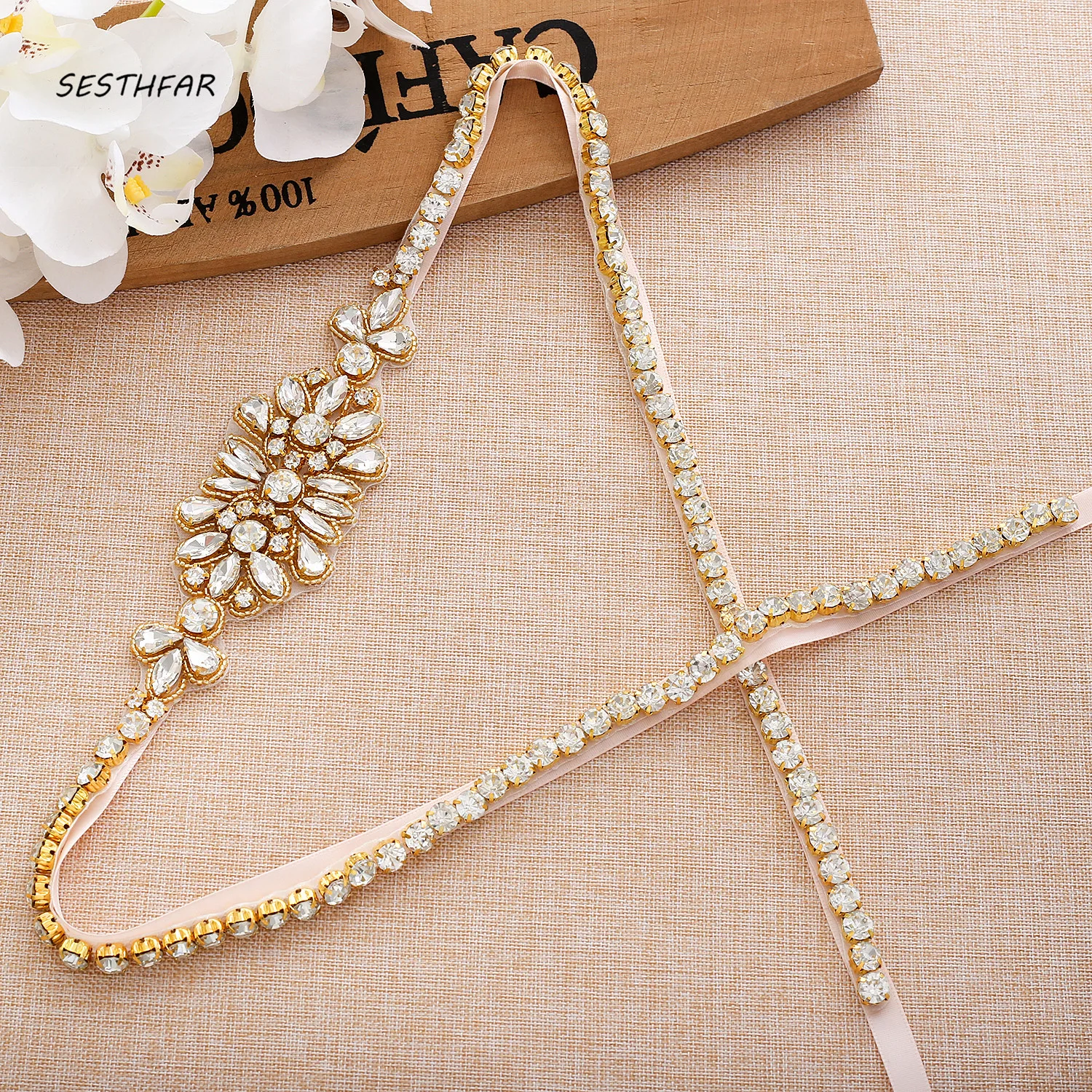 35.82In Gold Crystal Wedding Belt Rhinestones Bridal Belt  With Pearls Ribbons Bridal Sash For Wedding Dress J192G