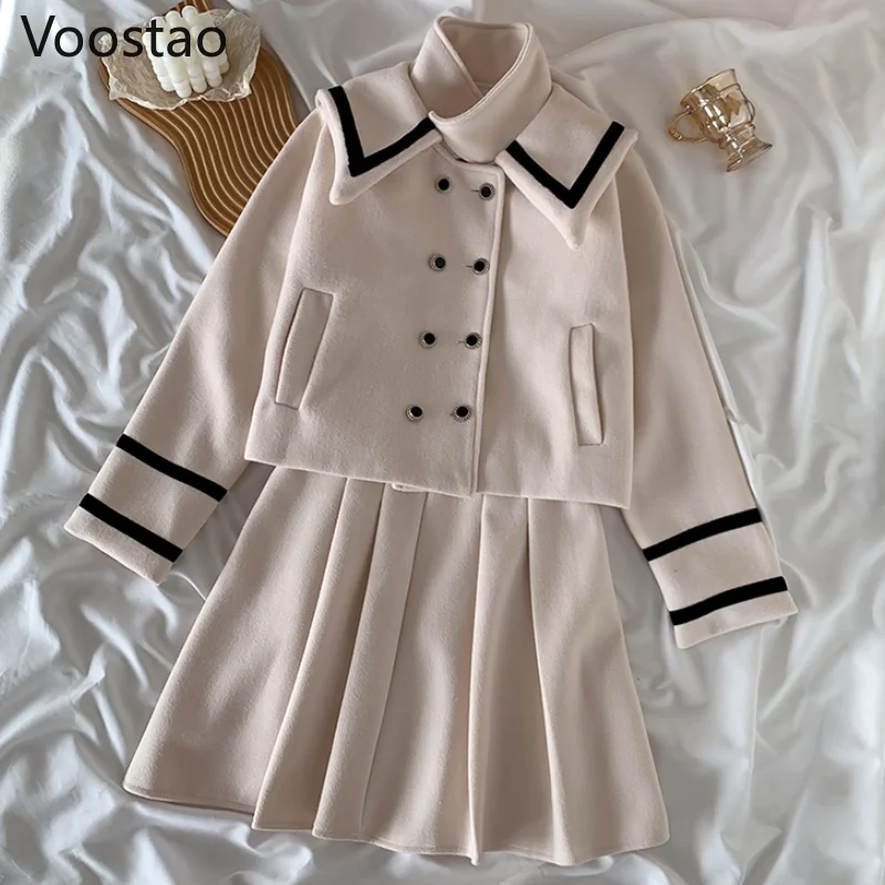 Autunno inverno donna dolce lana Set 2 pezzi stile Preppy elegante colletto alla marinara cappotto top vita alta Mini gonne a pieghe abito