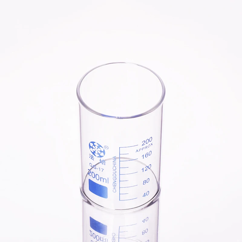 

Beaker in low form without spout,Capacity 200ml,Outer diameter=65mm,Thickness=1.8mm,Height=96mm,Laboratory beaker