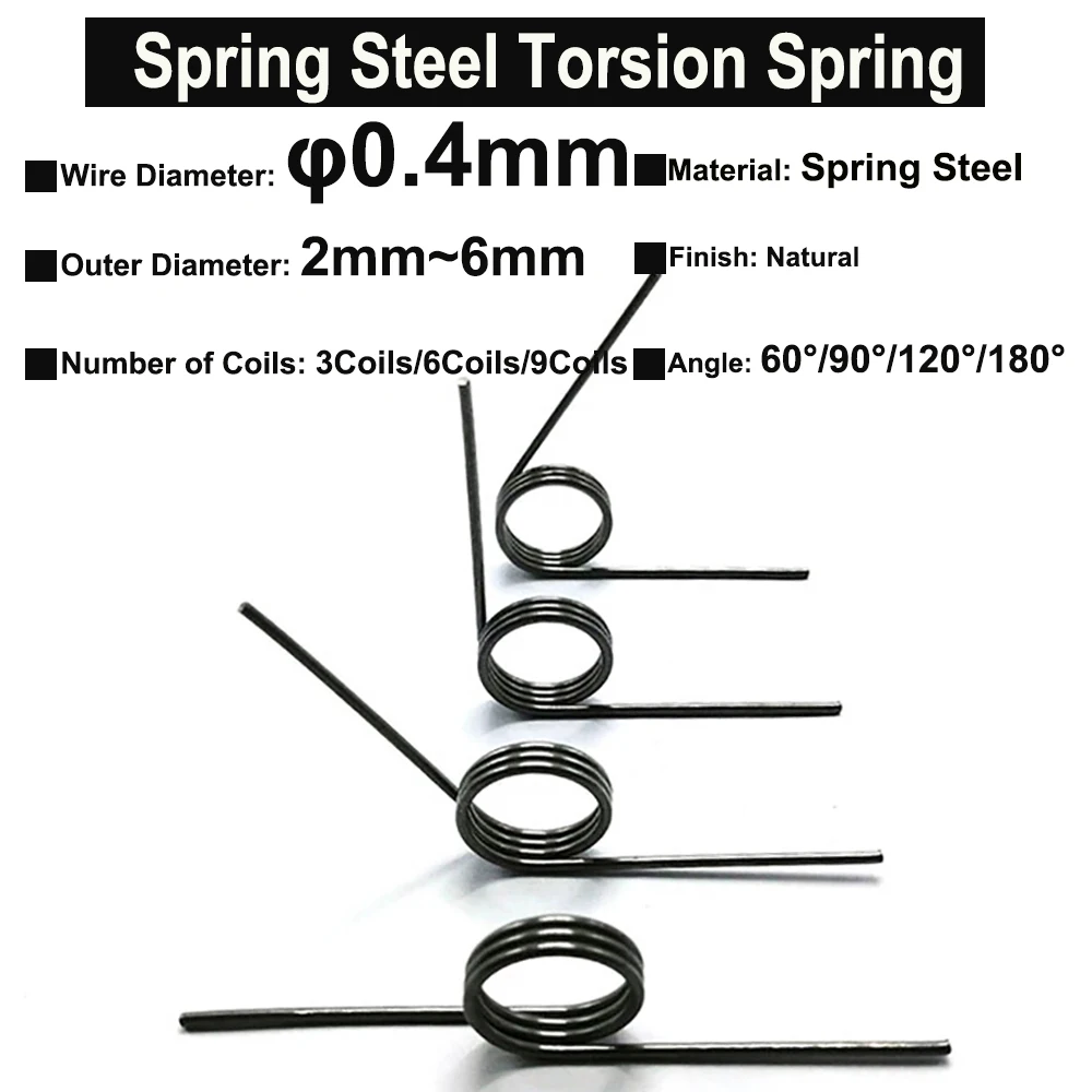 10 Stuks Draad Diameter 0.4Mm Lente Staal Tiny Torsieveer Haarspeld Springs 3Coils/6Coils/9coils Hoek 60 °/90 °/120 °/180 °