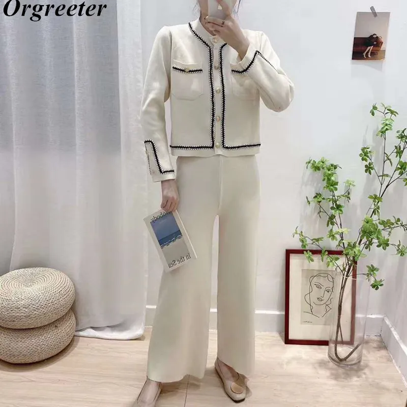 Fashion Brief Temperament Knitted Pants Two piece Casual Set Women Braided trim Gold Button Cardigan Sweater and Pants Suits