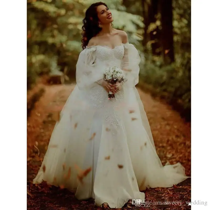 Robe de mariée sirène romantique à manches longues, jupe de mariage, en dentelle, épaules dénudées, tache, grande taille, sur mesure, 2020