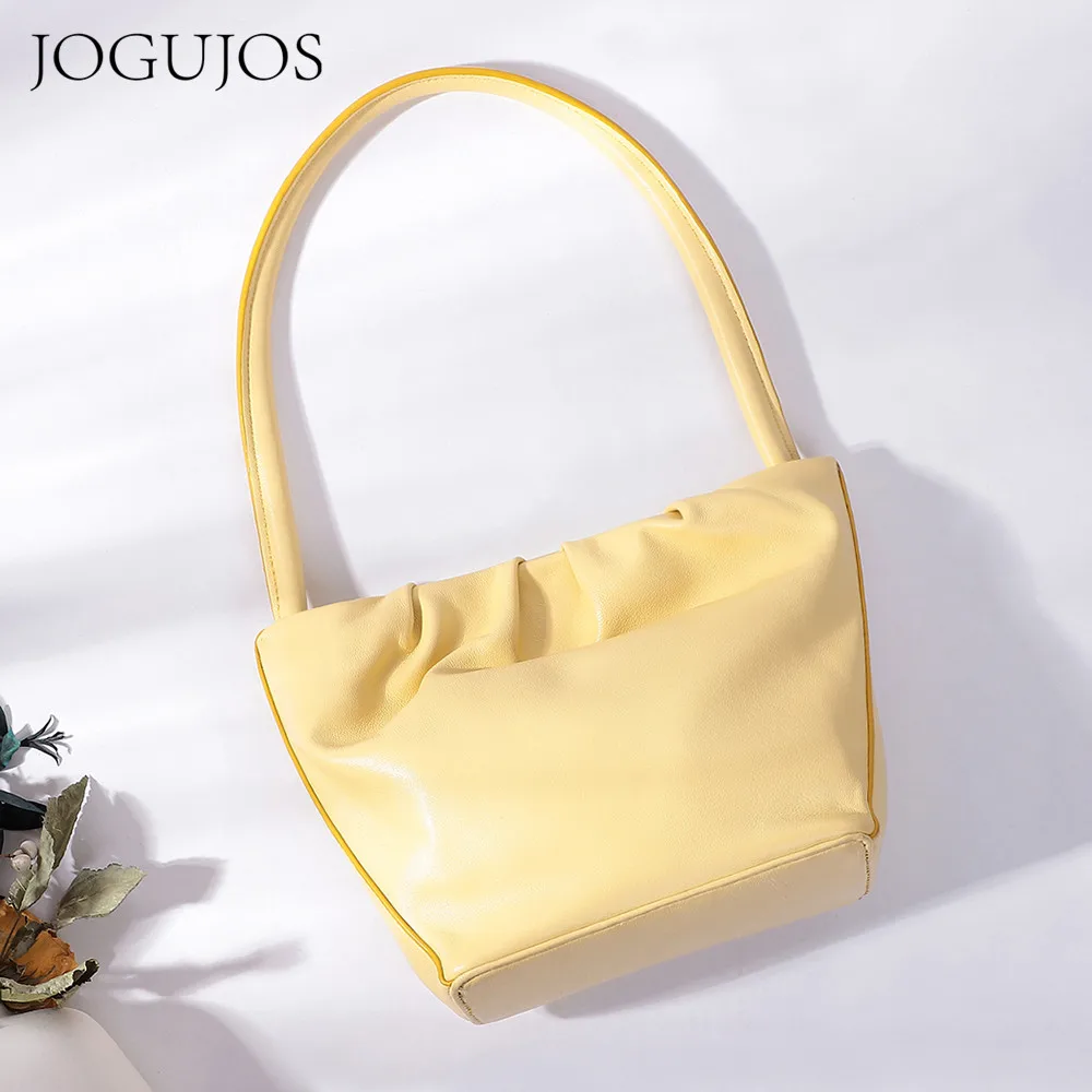 

JOGUJOS New Cloud Bag 2021 Women Soft Genuine Leather Pleated Hobos Bag Fashion Girls Shopper Handbag Female Small Underarm Tote