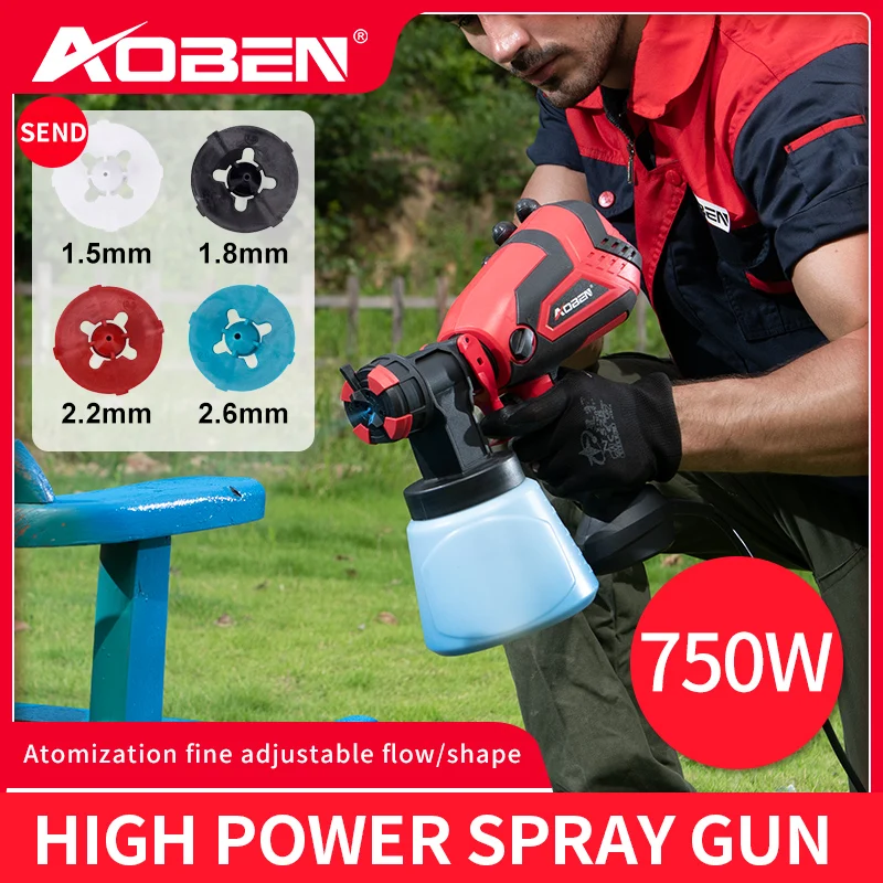 AOBEN 750W ไฟฟ้ามือถือสเปรย์ HVLP 1000ML รถ Paint Sprayers บ้านตกแต่ง Airbrush Flow Control 4หัวฉีดใช้งานง่าย