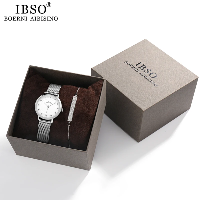 IBSO Women\'s Watches Set 8mm Ultra thin Silver Mesh Stainless Steel Strap Quartz Clock Hours Sets Ladies Birthday Gift