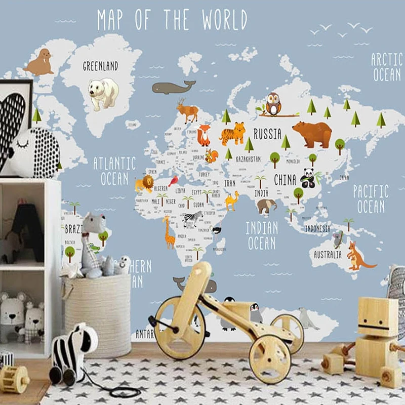 Custom 3D Photo Wallpaper For Kids Room Papel De Parede Cartoon World Map Children Room Living Room Bedroom Mural Wall Paper Art