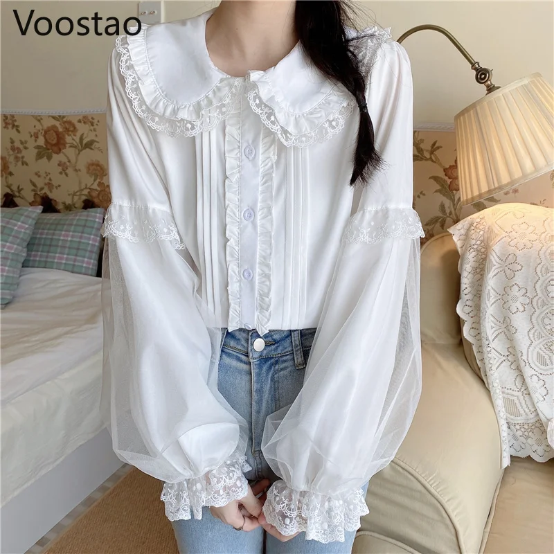 Japanese Sweet Lolita Style Blouses Girls Cute Lace Ruffles White JK Shirts Women Preppy Chic Kawaii Long Sleeve Blusas Mujer