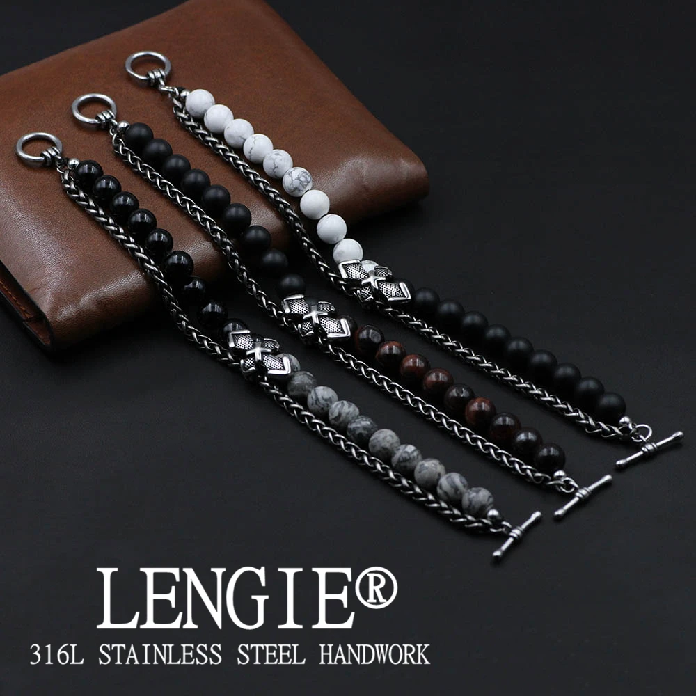 

OT Clasp Retro Stainless Steel Cross Chain Bracelet 8MM Natural Stone Map Tiger Eye Beaded Bracelet For Men Women Jewelry Gifts