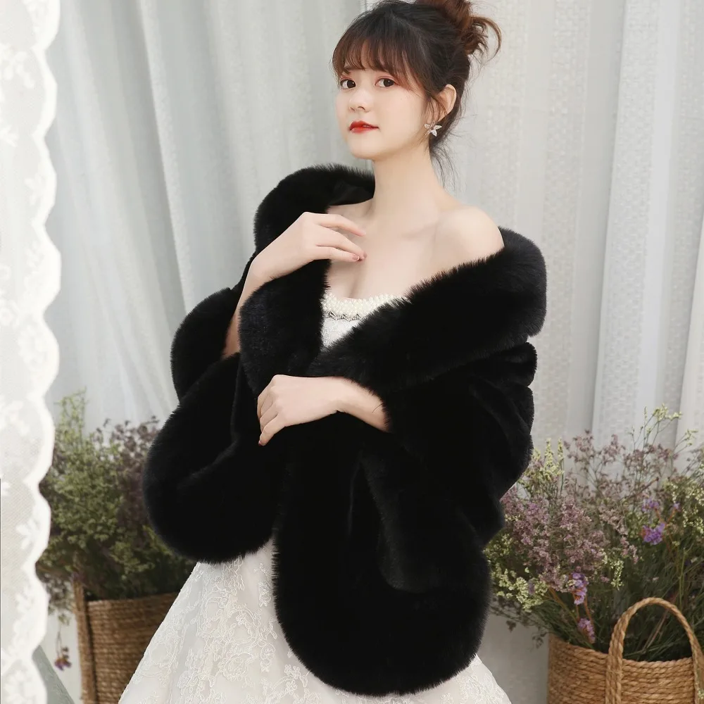 JaneVini Elegant Burgundy Wedding Jacket Furry Bridal Faux Fur Shawl Wrap Winter Bolero Cloak Women Evening Party Stole In Stock