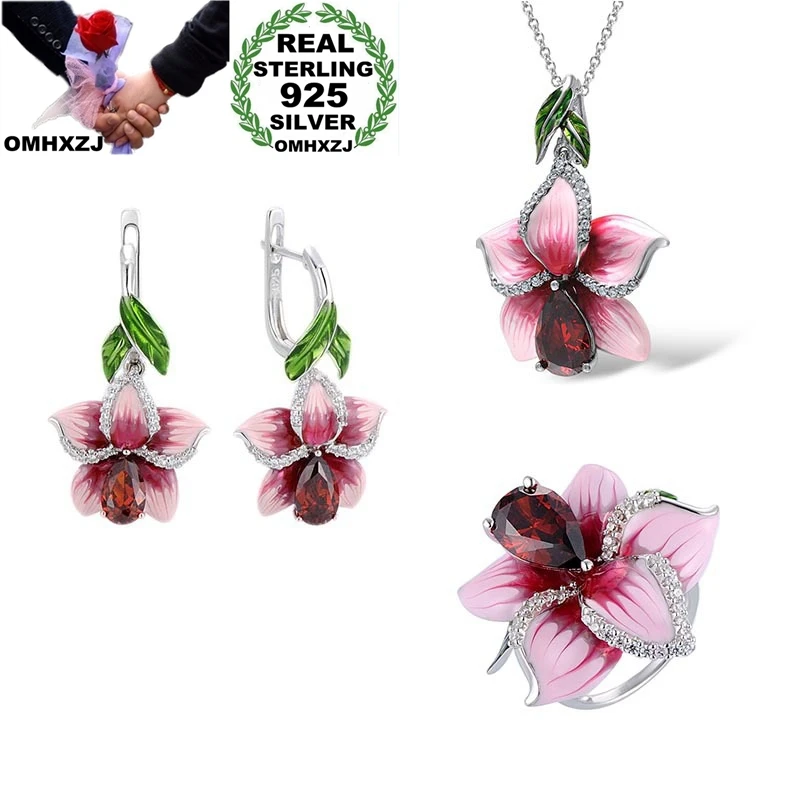 OMHXZJ Wholesale JE33 Fashion Woman Party Birthday Wedding Gift Flower 925 Sterling Silver Necklace+Earrings+Ring Jewelry Set