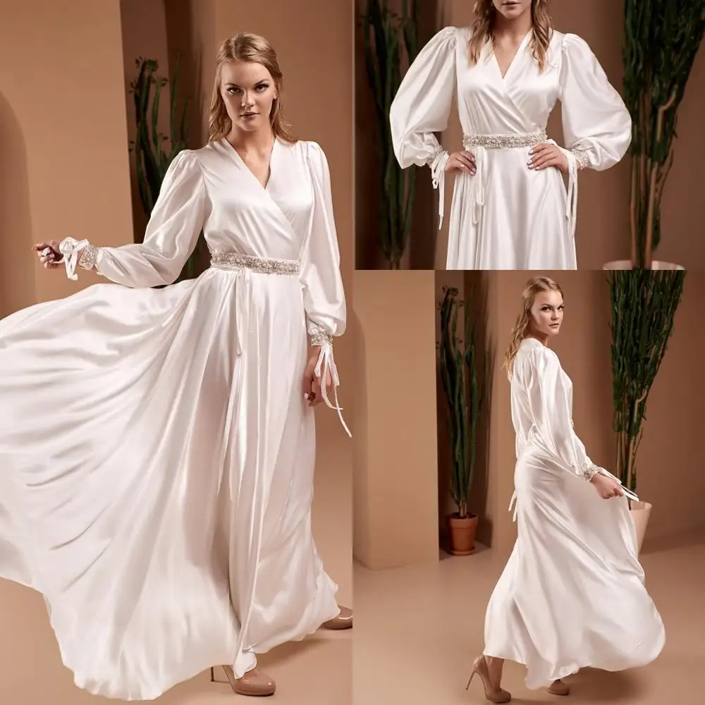 Silk Satin Bridal Nightgown Night Dress Pearls Belt Long Sleeves Sleepwear Nightdress Women Nightwear Bridal Boudoir Dress