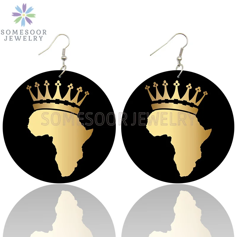 SOMESOOR African Map Melanin Queen Wooden Drop Earrings Golden Color Crown Printed Black History Loops Dangle Jewelry For Women