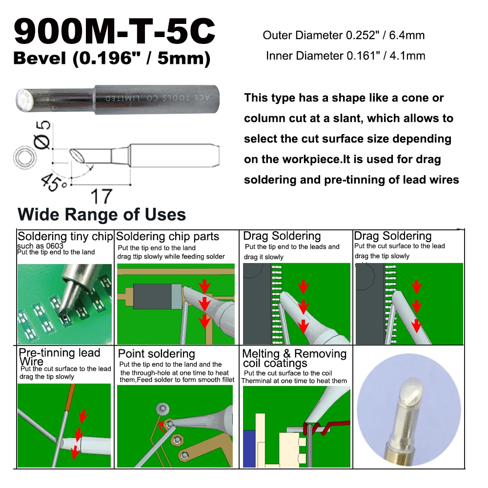 Soldering Tip 900M-T-5C Bevel 5mm for Hakko 936 907 Milwaukee M12SI-0 Radio Shack 64-053 Yihua 936 X-Tronics 3020 Iron Welding