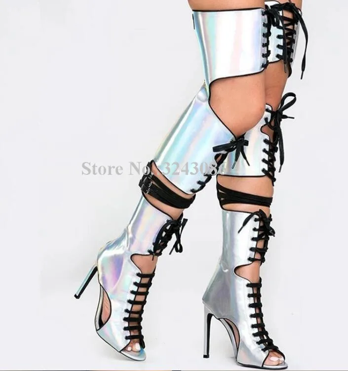 

Hollow Out Flash Silver Over the Knee Sandals Boots Lady Sexy Peep Toe Lace-up Thigh High Sandals Boots Fashion Woman Long Boots