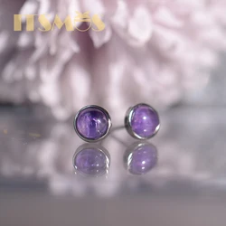 ITSMOS-pendientes de amatista Natural para mujer y niña, aretes morados de plata 925, joyería fina redonda y sencilla, tachuelas misteriosas, regalo