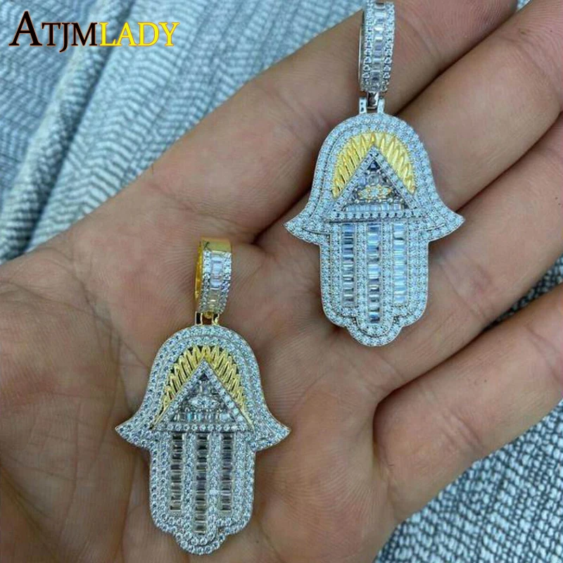 Iced Out Bling Hamsa Hand Necklace Two Tone Color 5A Cubic Zircon Evil Eye Pendant Hip Hop Turkish Luck Jewelry For Women Men