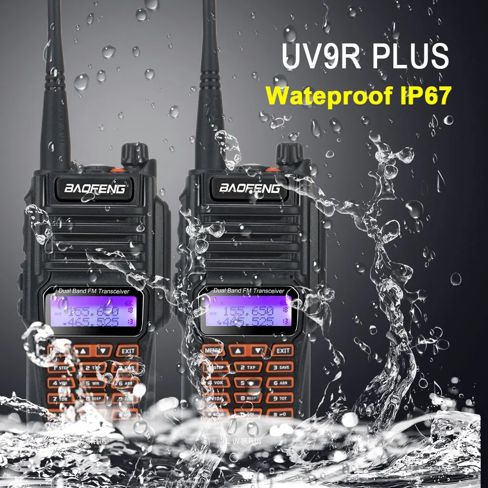 

2pieces UV-9R Plus Baofeng IP67 Waterproof FM Walkie Talkie UHF VHF Dual Band ham radio with free earpiece flashlight