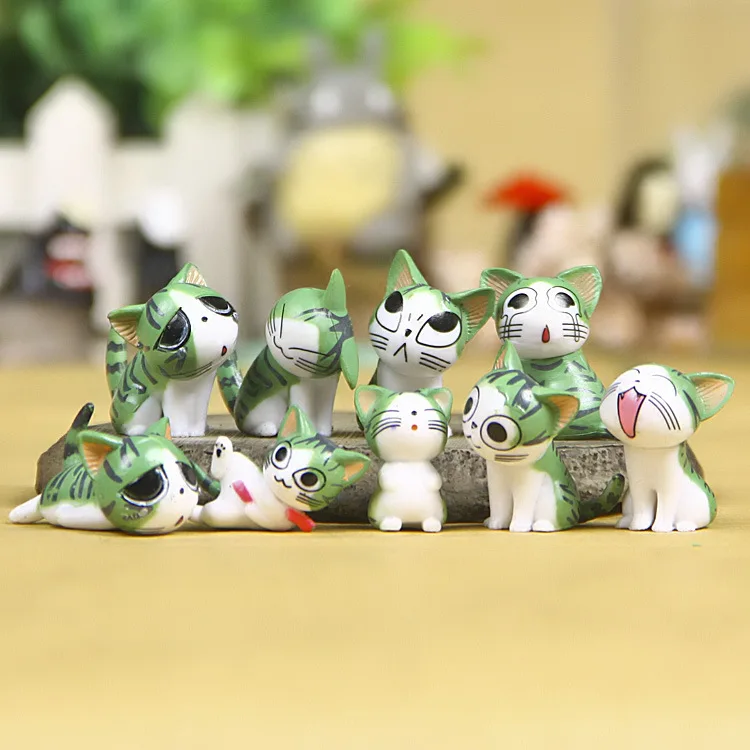 9pcs Kawaii Cheese Cats Kitty Statue Miniatures Resin Kitten Cat Figurines Mini Garden Figures Decoration for Home Kids Toys