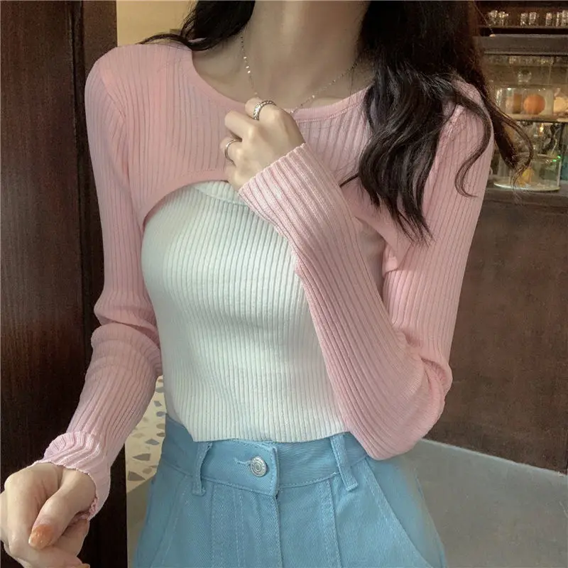 Women Shrugs Solid Candy Color Sweet Crop Top Slim Knitwear O-neck Hot Girls Soft Hipster Casual Females All-match Long Sleeve