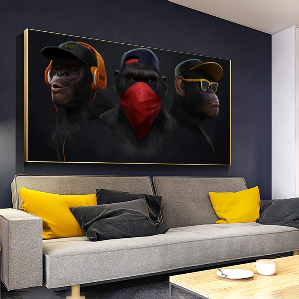 Large Wall Art Picture For Living Room Black Gorilla With Earphones Sunglasses Print Canvas Paintings Home Decor Posters Cuadros