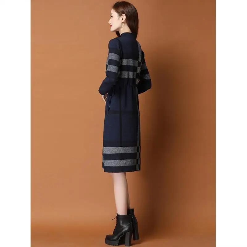 Dress For Women Autumn 2024 New Casual Knitting Sweater Plaid Patchwork Turtleneck Pullover Bottom Knee-Length Female Vestidos